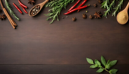 Wall Mural - Herbs and spices frame over wood background. Top view with copy space