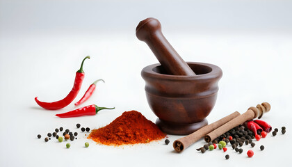 Wall Mural - Mortar And Pestle With Pepper And Spices on a white