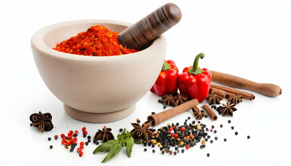 Wall Mural - Mortar And Pestle With Pepper And Spices on a white