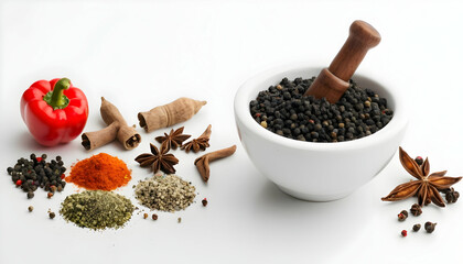 Wall Mural - Mortar And Pestle With Pepper And Spices on a white