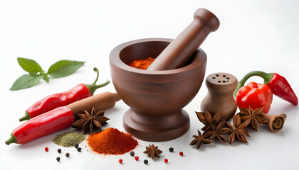 Wall Mural - Mortar And Pestle With Pepper And Spices on a white