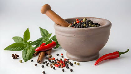 Wall Mural - Mortar And Pestle With Pepper And Spices on a white