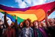 Group of people holding up a rainbow flag, suitable for LGBTQ pride events