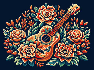Wall Mural - Mexican festival Cinco de mayo. Vibrant illustration of a guitar surrounded by roses, perfect for music and art themes