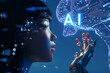 A side profile of a cyborg woman looking at a glowing AI logo above her hand, with the abbreviation AI consisting of printed circuit board elements