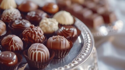 Wall Mural - Assorted chocolate pralines arranged on a silver platter