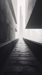Wall Mural - A black and white image in the style of architectural photography of a long concrete walkway between two tall buildings with a fog