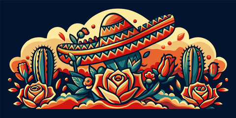 Mexico mexican cactus and sombrero for festival Cinco de mayo. Colorful illustration featuring a traditional mexican sombrero with cacti and flowers