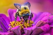 Close-up view of a busy bee pollinating a vibrant purple flower with a yellow center in a lush garden on a sunny day.