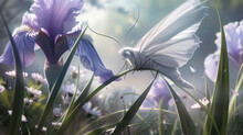 A White Butterfly Sitting On Top Of A Purple Flower Next To A Purple And White Flower In Front Of A Blue Sky.