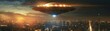 A Dramatic science fiction scene of a UFO hovering with bright lights over a cityscape at dusk