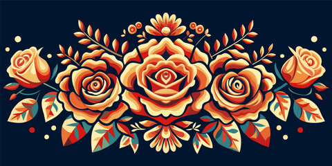 Wall Mural - Mexico mexican roses for festival Cinco de mayo. Retro old school roses for chicano tattoo. Vintage rose bouquet with botanical decor on dark background, showcasing classic flora, romantic decoration