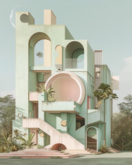 The image is an art deco style digital painting of a pastel colored, geometric, multi-story building with arched openings, balconies, and staircases, set in a tropical environment with palm trees.