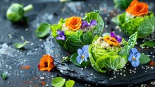 A Creative Vegan Recipe Presentation, Showing A Deconstructed Salad With Raw Brussels Sprouts Leaves, Avocado Cubes, And Quinoa, Decorated With Edible Flowers For A Modern Culinary Art Look