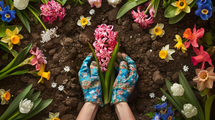 Canvas Print - Gloved hands planting bulbs among a vibrant array of spring flowers.