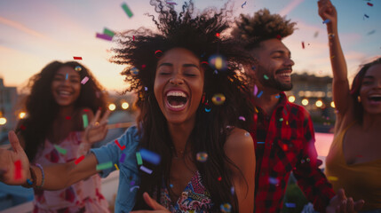 Poster - A rooftop party at sunset with a group of joyful friends throwing confetti.