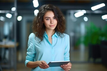 Wall Mural - A woman in a blue shirt holding a tablet computer