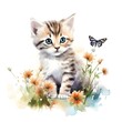 Watercolor Cute Kitten Clipart With Flowers