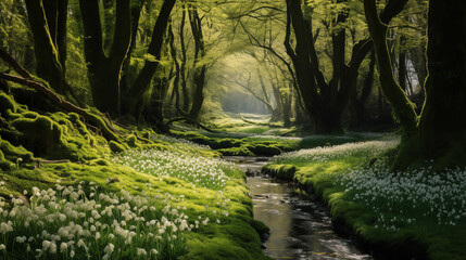 Poster - A carpet of Leucojum vernum blankets the woodland, a silent celebration of rebirth. Each flower nods gracefully, as if whispering secrets to the moss-covered stones. The forest listens, its ancient tr