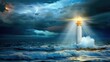 Lighthouse enduring storm with dramatic lightning - A powerful lighthouse withstands a violent storm at sea, with lightning revealing its resilience and steadfastness