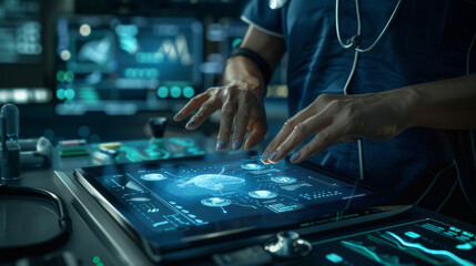 Poster - A healthcare professional is interacting with a futuristic digital tablet displaying medical data.