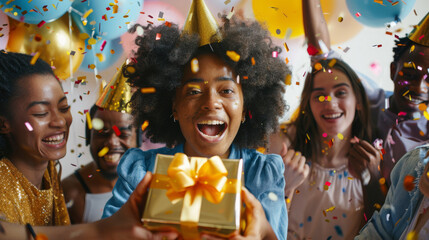 Canvas Print - A jubilant woman is holding a gift surrounded by friends and confetti at a birthday party.