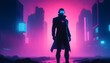 A person standing confidently in a neon-lit cyberpunk cityscape with pink and purple hues