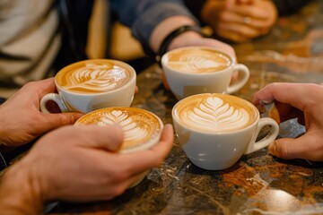 Wall Mural - A diverse group of individuals engaged in casual networking over coffee, holding cups and having animated conversations