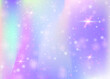 Holographic background with rainbow mesh. Colorful universe banner in princess colors. Fantasy gradient backdrop with hologram. Holographic magic background with fairy sparkles, stars and blurs.