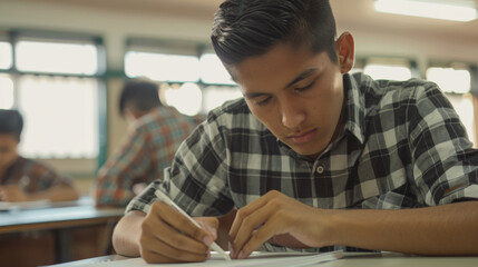 Poster - A young male student with glasses engrossed in writing during a classroom exam.