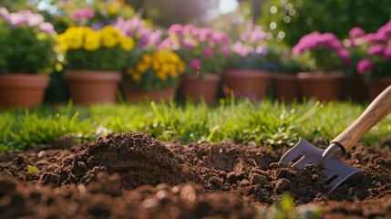 Canvas Print - Gardening fork and vibrant flowers in a sunlit garden with rich soil.