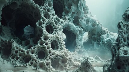 Surreal Landscape of Porous Rock Formations. Misty Ethereal Scene. Conceptual Nature Background. Dreamy Artistic Image. AI