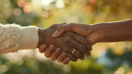 Canvas Print - A supportive hand holds onto the hand of an elderly person with a cane.