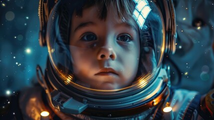 Wall Mural - a little boy in a space suit looking directly at the camera. suitable for educational materials or s