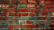 Grunge background of old brick wall painted in several layers. Weathered brickwork texture with dirty spots and cracks.