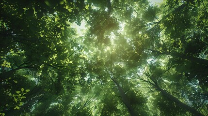 Canvas Print - Verdant canopy under sunlight: a tranquil forest scene, ideal for calming backgrounds and nature themes in various media formats. AI