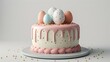 Elegant pink dripping icing cake decorated with easter eggs on top, perfect for celebrations. clean background, modern design. AI