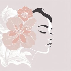 Abstract female face in one line. Woman face with flowers Surreal Line art female floral girl. Minimalism Abstract modern Continuous single line woman face portrait
