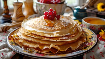 Delicious homemade pancakes topped with honey and berries on a rustic table setting. ideal for breakfast or brunch with family. comfort food photography. AI