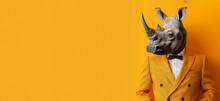 A Rhino Wearing A Suit And Tie Stands In Front Of A Yellow Background. Creative Animal Concept. Rhinoceros In Big Boss Outfits On Bright Background, Copy Space. Birthday Party Invite Invitation Banner