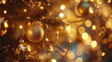 Poster - Close up view of a Christmas tree with glowing lights in the background. Suitable for holiday and festive concepts