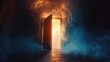 A mysterious scene with smoke coming out of an open door, perfect for adding an element of suspense and intrigue to your project