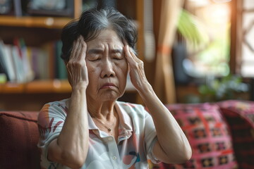 old woman have headache at home