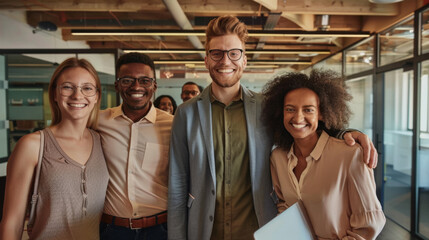 Sticker - A group of smiling professionals is standing together in an office environment.