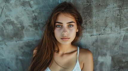 Poster - A woman with long brown hair wearing a white top. Suitable for fashion and lifestyle themes