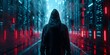 A hooded hacker infiltrates a futuristic city's government data servers, infecting them with a virus. Concept Science Fiction, Cybersecurity, Hackers, Futuristic Technology, Government Conspiracy