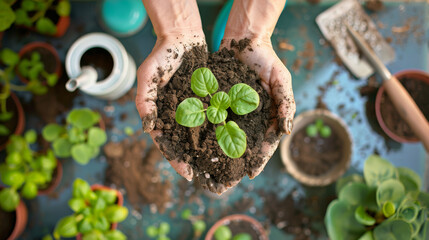 Canvas Print - Hands hold a potted seedling with care amidst a setting of garden supplies.