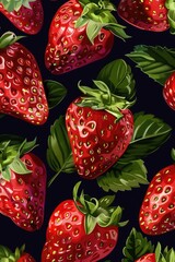Wall Mural - A bunch of ripe red strawberries with vibrant green leaves. Perfect for food and healthy eating concepts