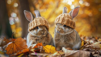 Wall Mural - Two cute rabbits wearing hats sitting in a pile of autumn leaves. Suitable for nature or animal themed designs