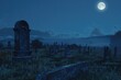 A haunting image of a cemetery at night under the light of a full moon. Perfect for spooky themed projects